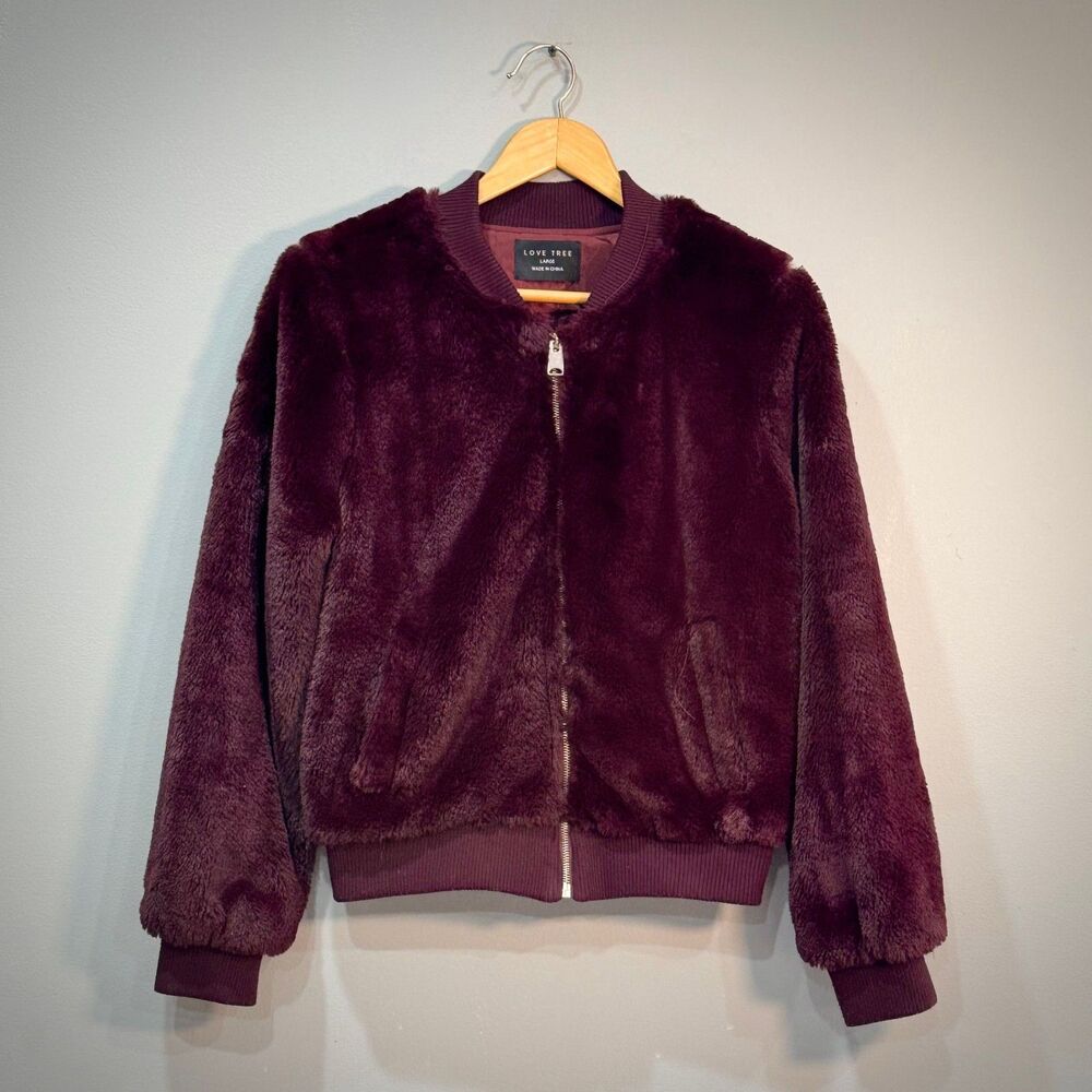 Women's Burgundy Love Tree Faux Fur Bomber Jacket Size L EUC